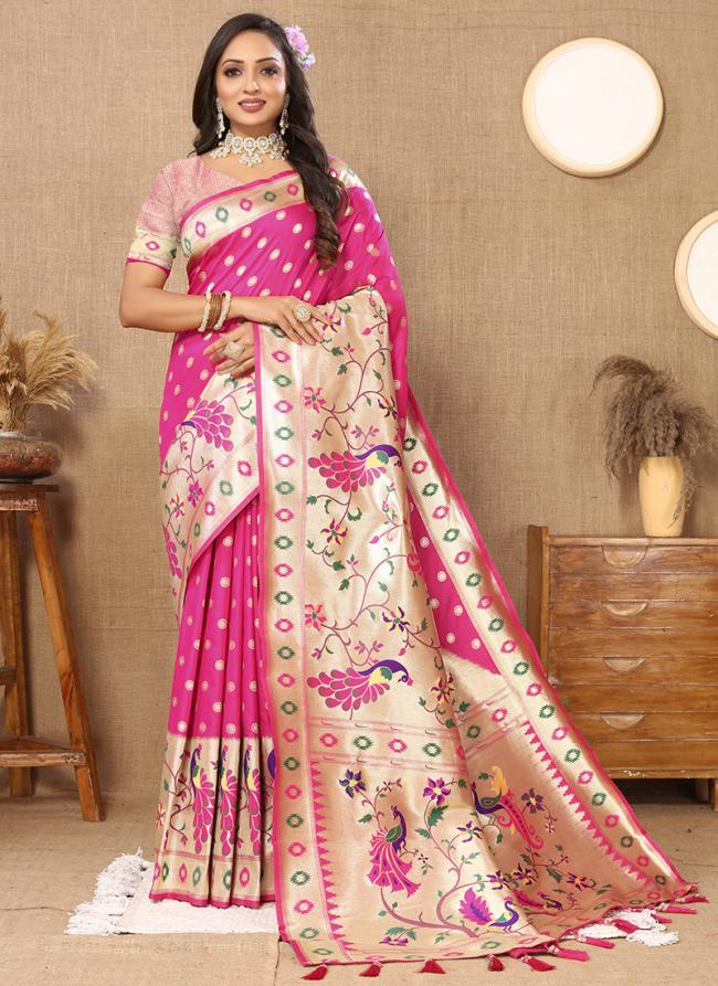 Silk Pink Traditional Wear Paithani Saree